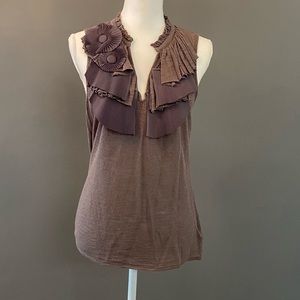 Grey,  sleeveless, ruffled shirt